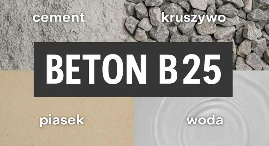Składniki betonu B25: cement, piasek, kruszywo (żwir do betonu) i woda.