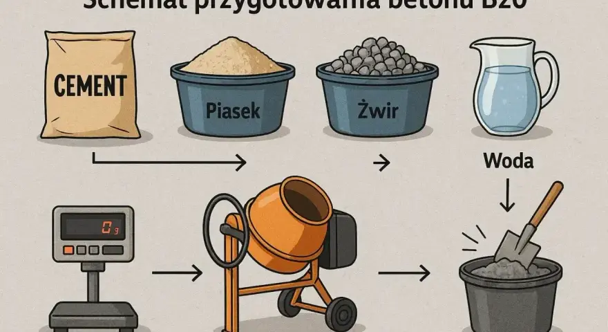 Schemat przygotowania betonu B20: cement, piasek, żwir i woda to kluczowe beton składniki.