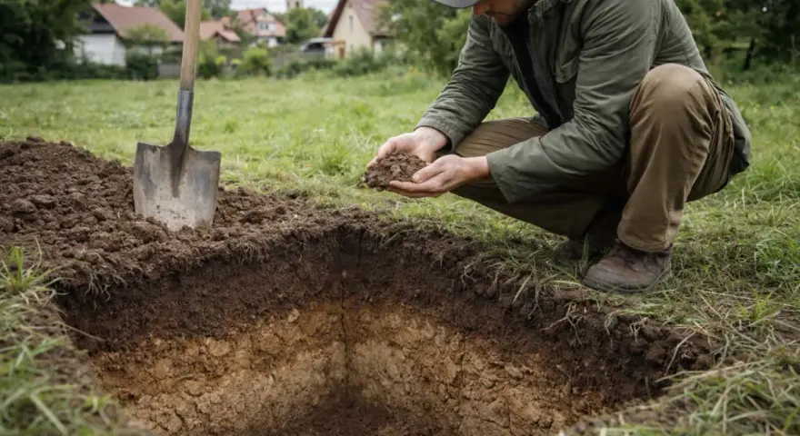 Mężczyzna w okopach analizuje próbki ziemi, wykonując badania geologiczne. Obok stoi łopata.