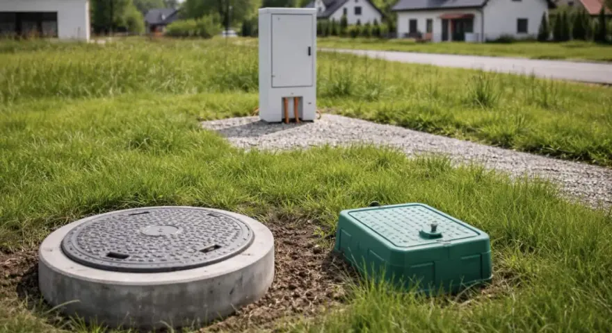 Na trawiastym podwórku, obok studzienki kanalizacyjnej i zielonej skrzynki, stoi biała szafka z widocznymi przewodami, elementem sieci wysokiego napięcia.