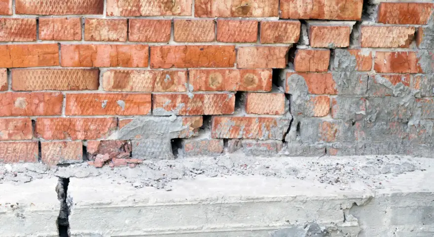 Uszkodzona ceglana ściana z widocznym pęknięciem i odpadającym tynkiem, sugerującym podbijanie fundamentów.