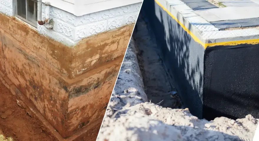 Porównanie: stary, wilgotny fundament z widocznymi warstwami ziemi i nowy, zabezpieczony czarną masą izolacyjną. Izolacja fundamentów to klucz do ochrony domu.