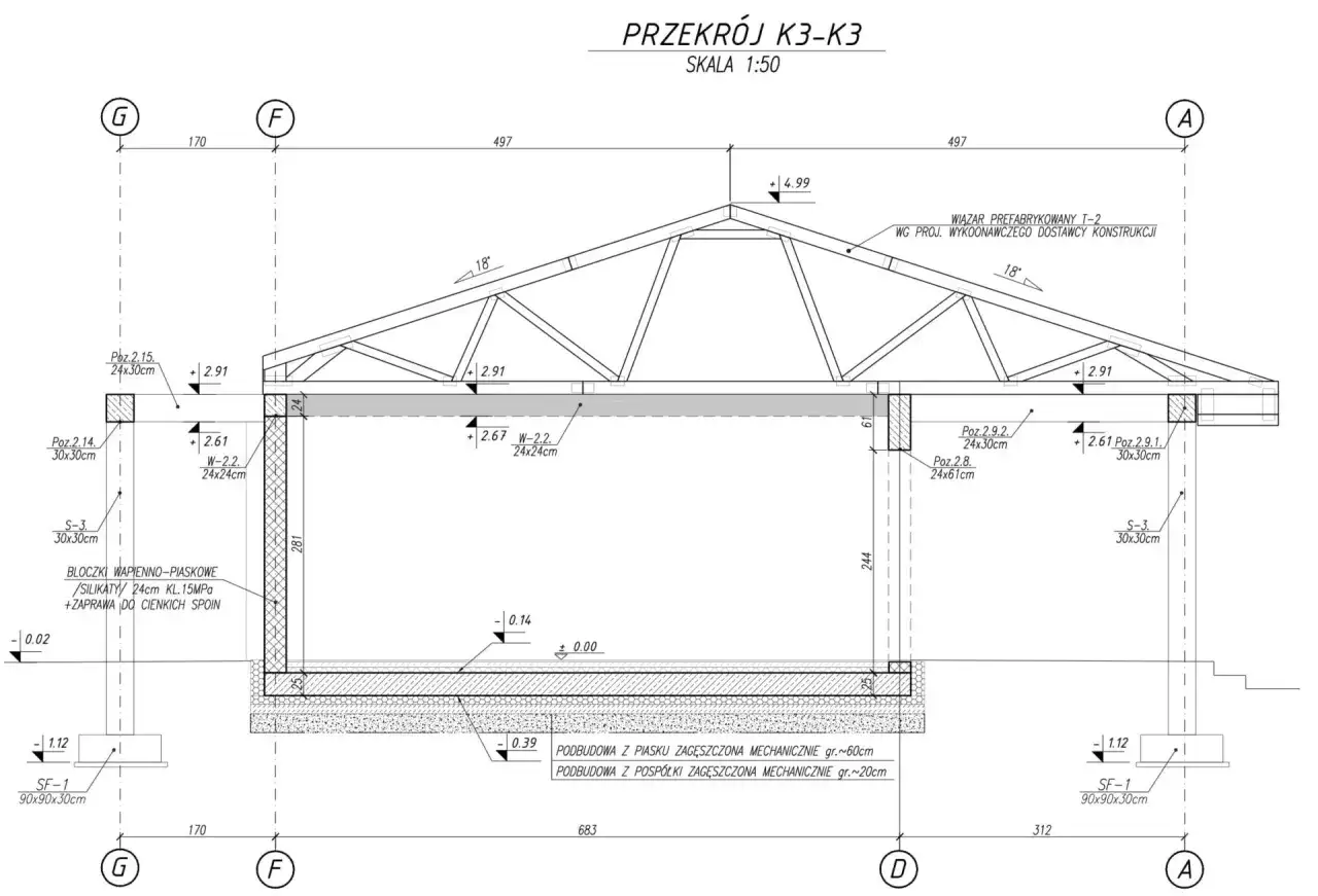 Przekrój poprzeczny budynku z widocznym wiązarem prefabrykowanym, elementami konstrukcyjnymi i podbudową. Projekt wykonawczy prawo budowlane.