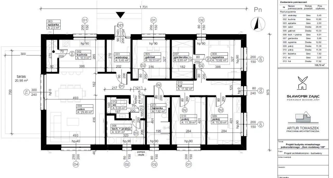 Projekt budowlany domu jednorodzinnego z podziałem na pomieszczenia: salon, kuchnia, sypialnie, łazienki, garderoba, hol, gabinet, spiżarka, wiatrołap, techniczne+pralnia.