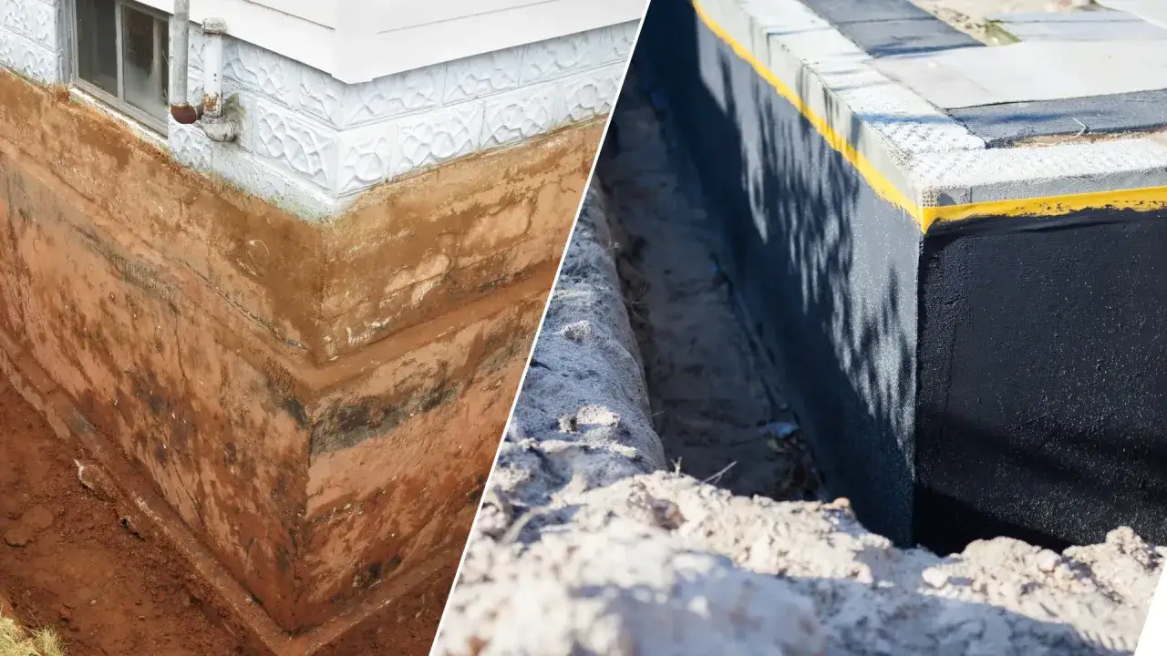 Porównanie: stary, wilgotny fundament z widocznymi warstwami ziemi i nowy, zabezpieczony czarną masą izolacyjną. Poprawna izolacja fundamentów to klucz do trwałości.