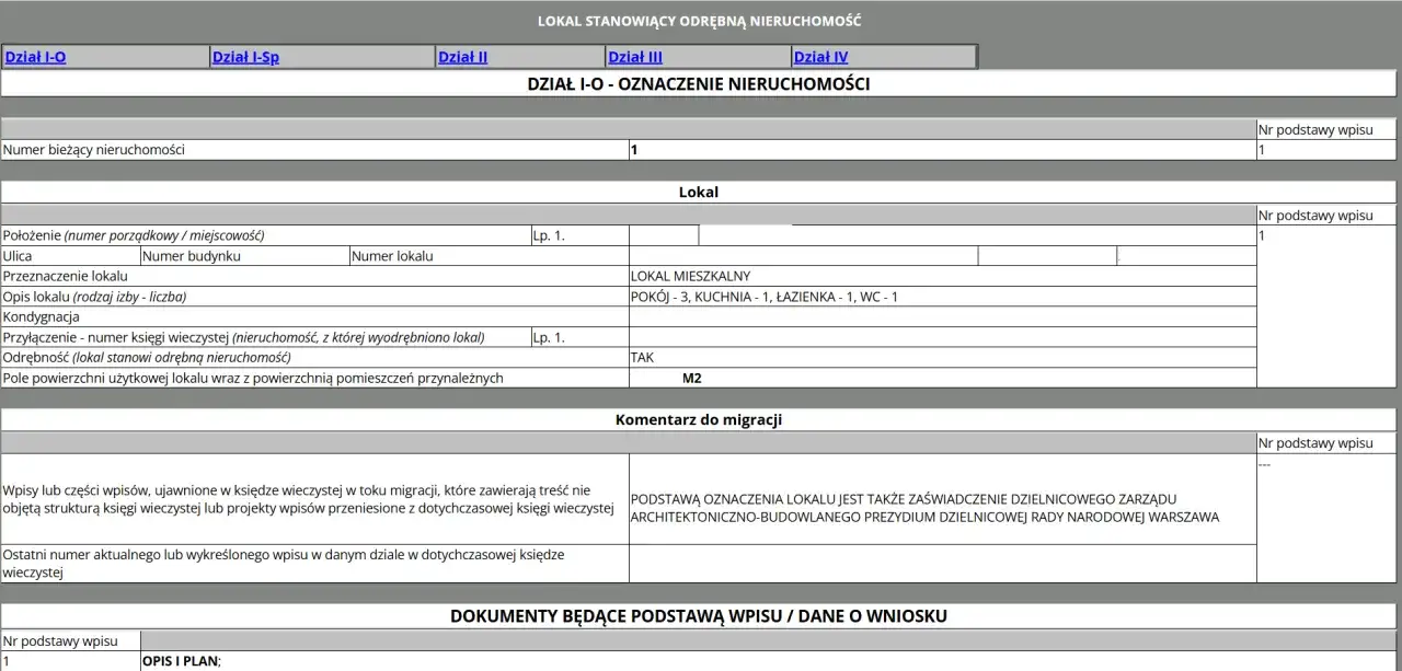 Dokumenty do sprzedaży domu: opis lokalu, numer księgi wieczystej, powierzchnia, komentarz do migracji.