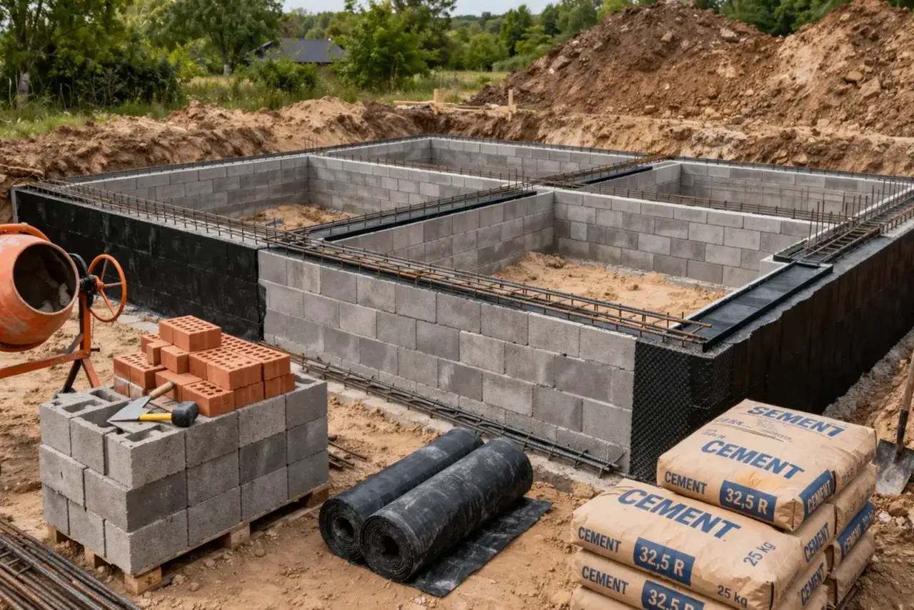 Budowa fundamentów: bloczki betonowe, zbrojenie, papa i worki cementu. Jaki beton na fundament? Tu widać przygotowania do jego wylania.
