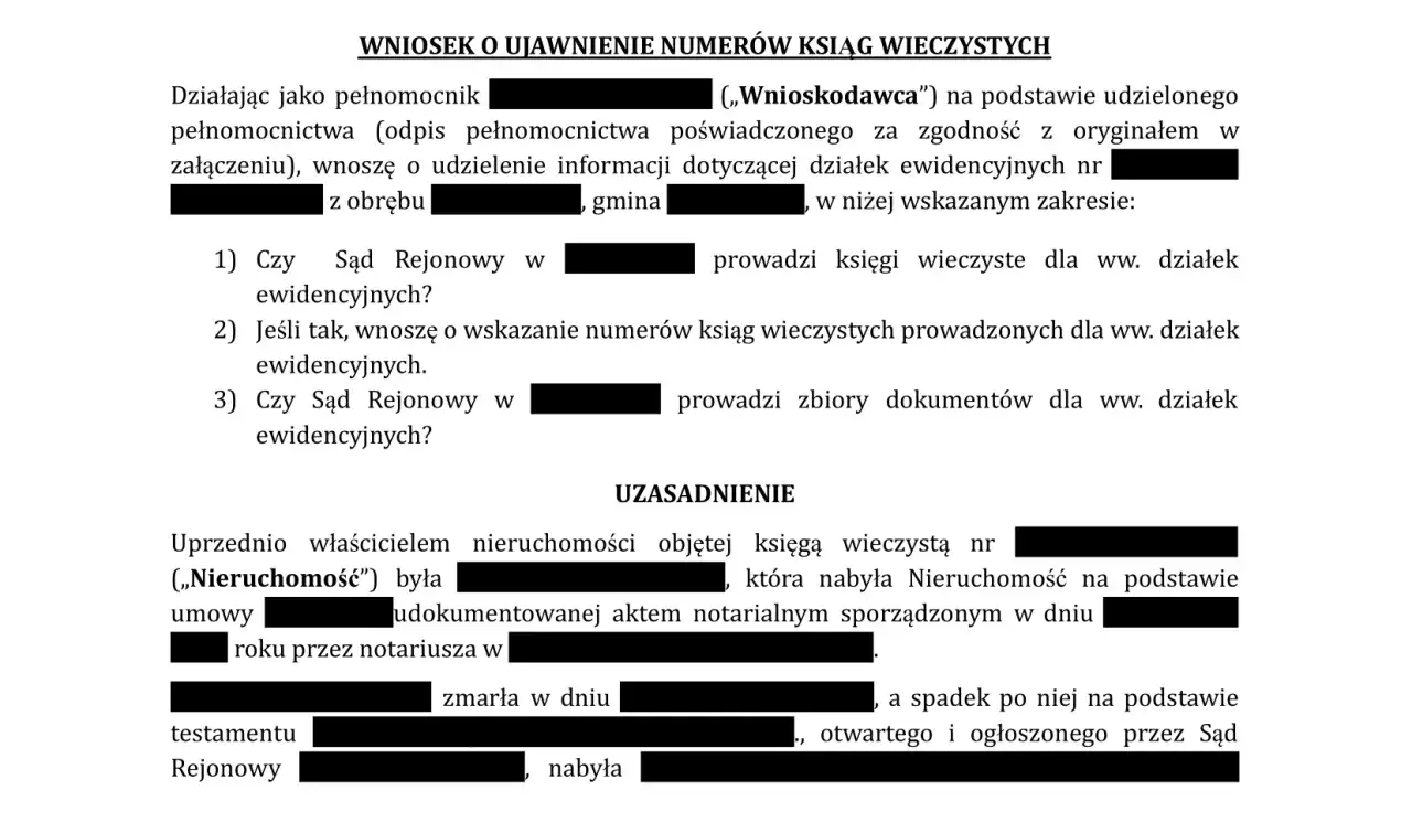 Wniosek o ujawnienie numerów ksiąg wieczystych. Jak sprawdzić czy działka ma księgę wieczystą? Wniosek zawiera pytania do Sądu Rejonowego o prowadzenie ksiąg wieczystych i zbiorów dokumentów.