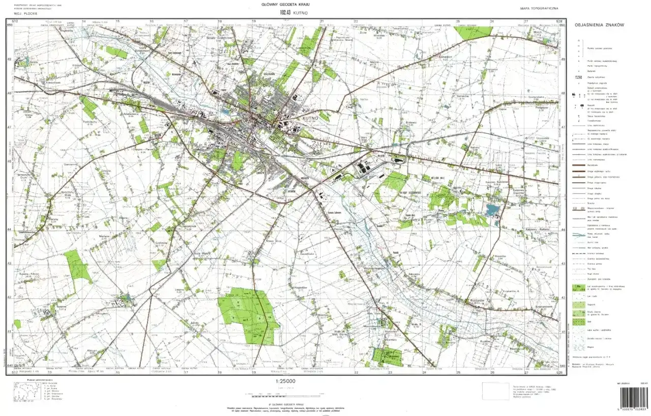 Mapa topograficzna Kutna i okolic. Widać tu ustalenie granic terenów leśnych i zabudowy, a także rozgraniczenie pól uprawnych i dróg.