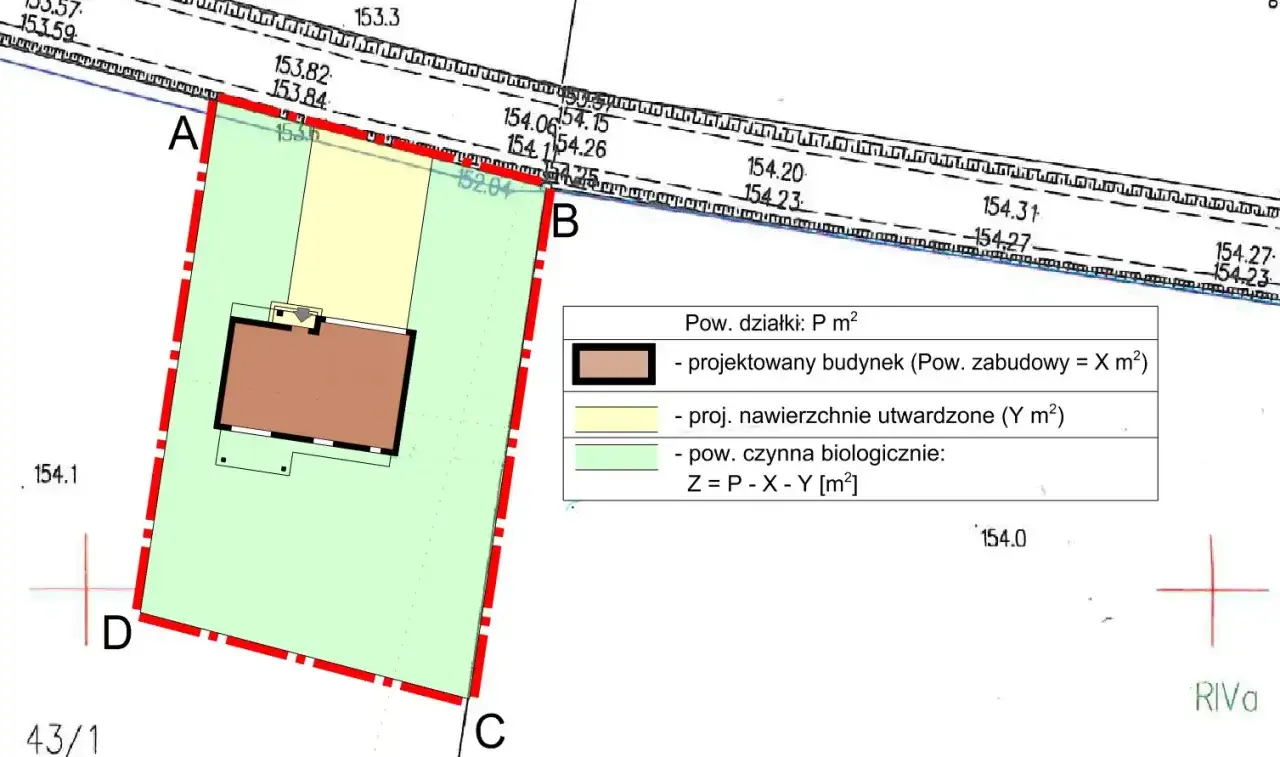 Plan działki z zaznaczonym budynkiem i legendą. Wniosek o warunki zabudowy uwzględnia powierzchnię zabudowy i biologicznie czynną.