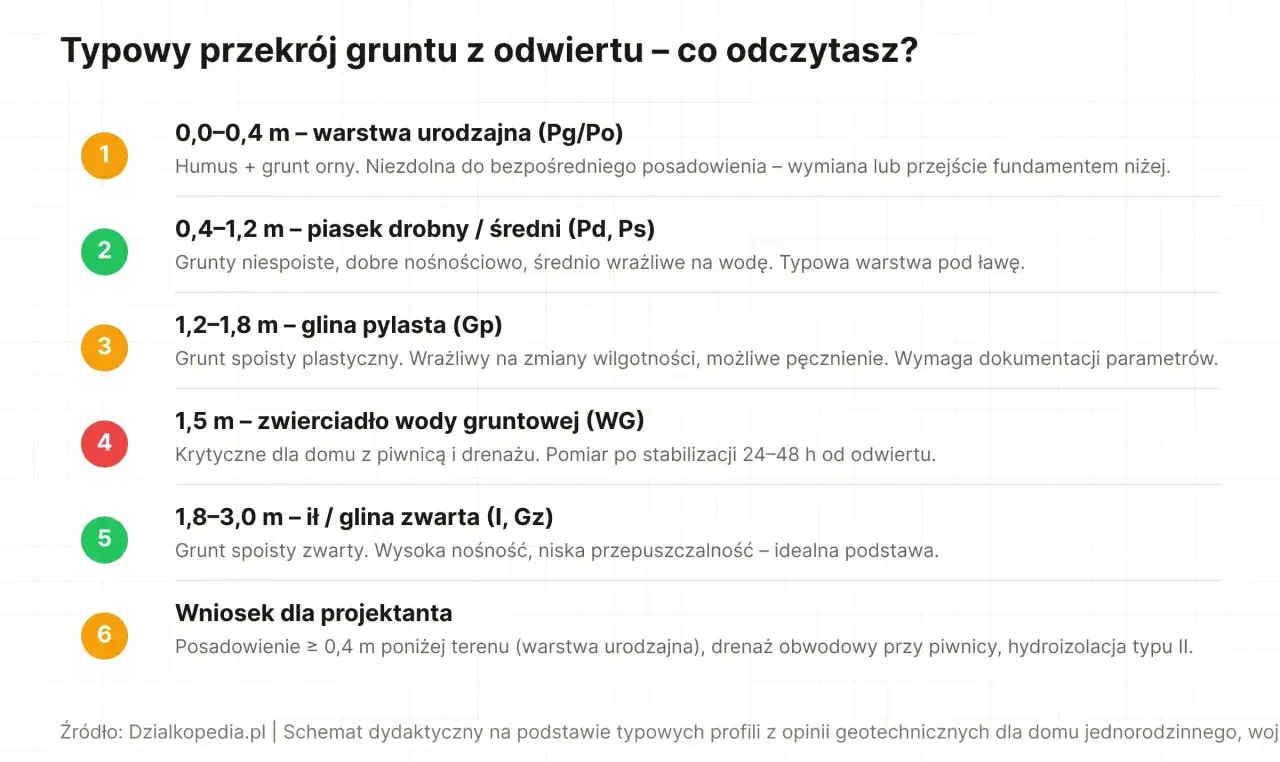 Przekrój gruntu na działce budowlanej: warstwa urodzajna, piasek, glina pylasta, zwierciadło wody gruntowej, glina zwarta. Wniosek dla projektanta.
