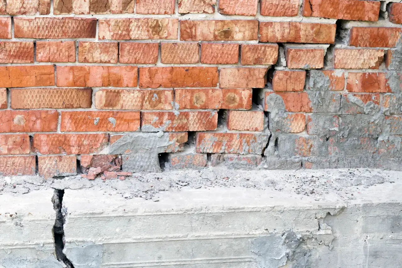 Uszkodzona ceglana ściana z widocznym pęknięciem i luźnym betonem, wskazującym na podbijanie fundamentów.