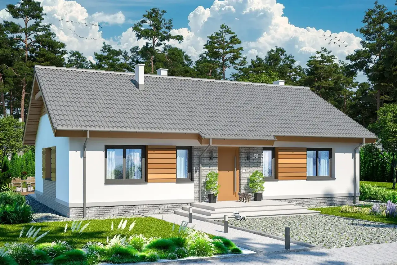 Nowoczesny dom jednorodzinny z drewnianymi elementami, idealny dla rodziny. Sprawdź nasze gunb darmowe projekty!