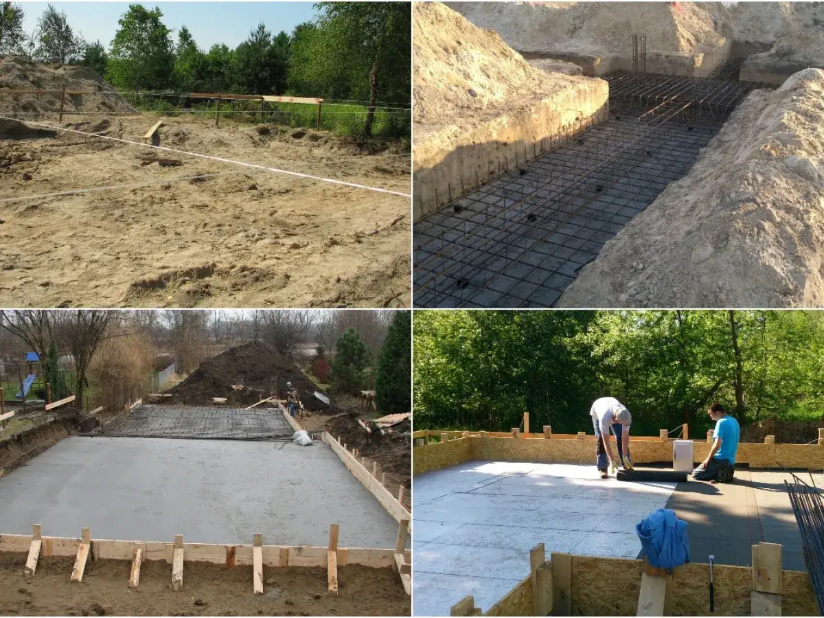 Etapy wylewania fundamentu: od wykopu z zbrojeniem po betonowanie i izolację.