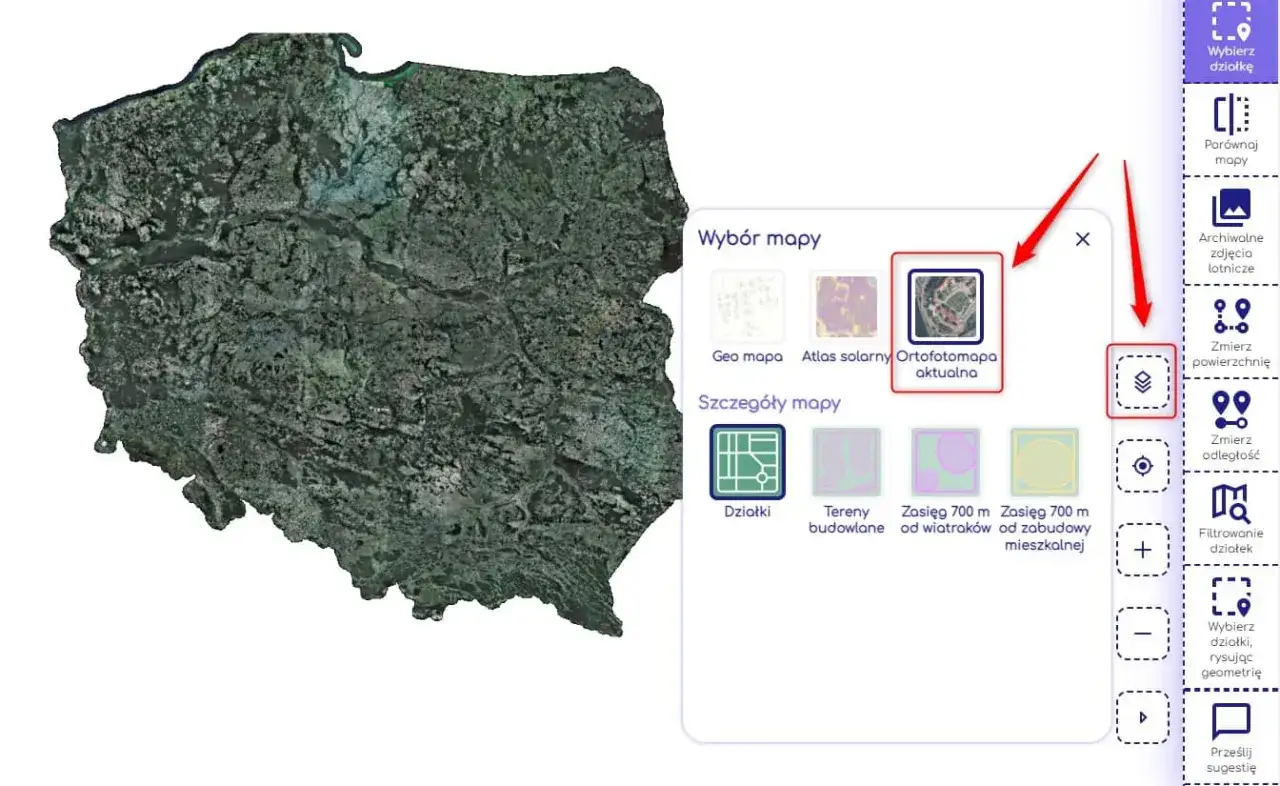 Jak sprawdzić wymiary działki online? Interfejs mapy z opcją wyboru ortofotomapy aktualnej i narzędziami do pomiarów.