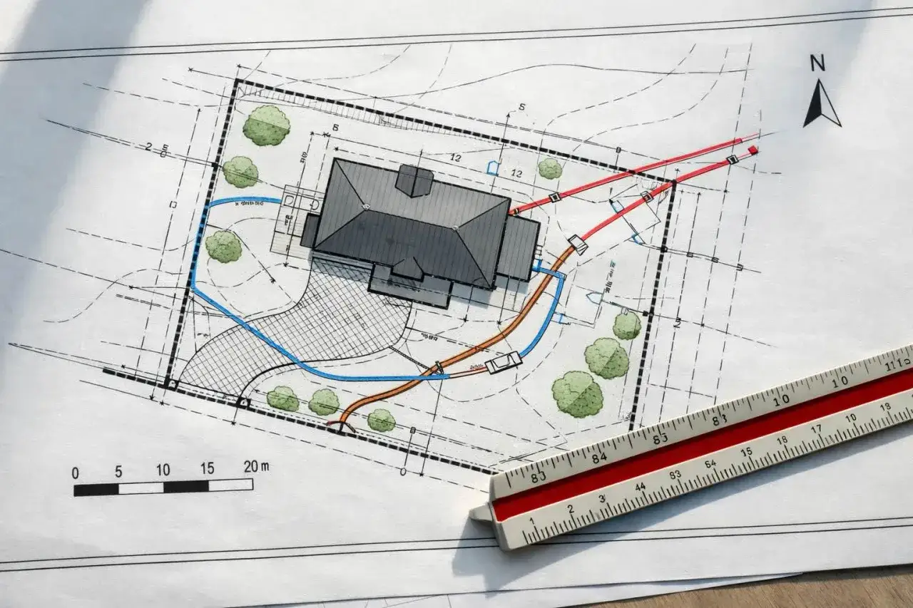 Plan zagospodarowania działki z domem, drogą dojazdową i instalacjami. Skąd wziąć projekt?