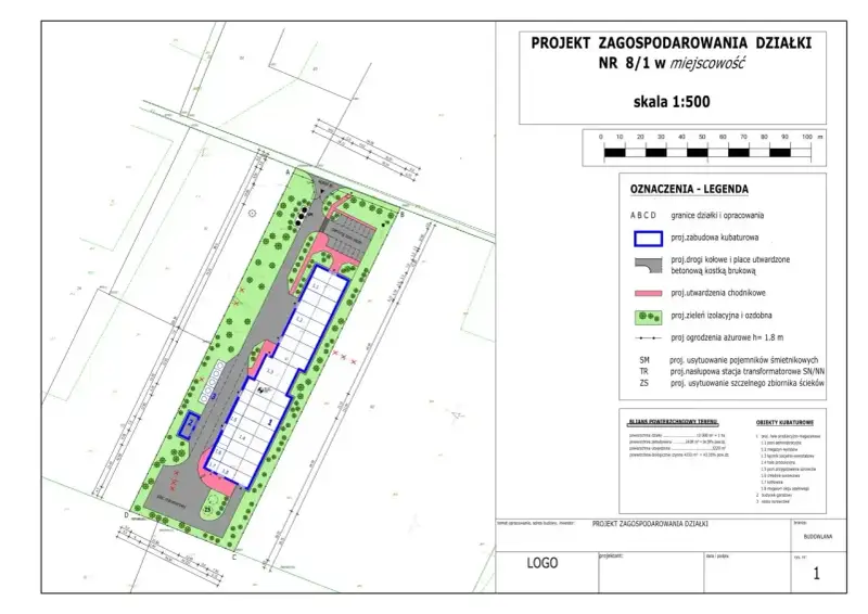 Projekt zagospodarowania działki z zaznaczoną powierzchnią zabudowy zgodnie z prawem budowlanym, drogami, parkingiem i zielenią.