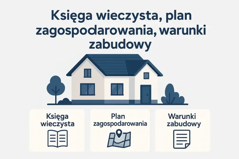 Dom, księga wieczysta, plan zagospodarowania i warunki zabudowy – kluczowe elementy dla terenu zabudowanego.
